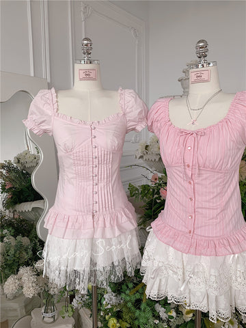 Sweet ballet girl vintage doll-like square collar back tie shirt top