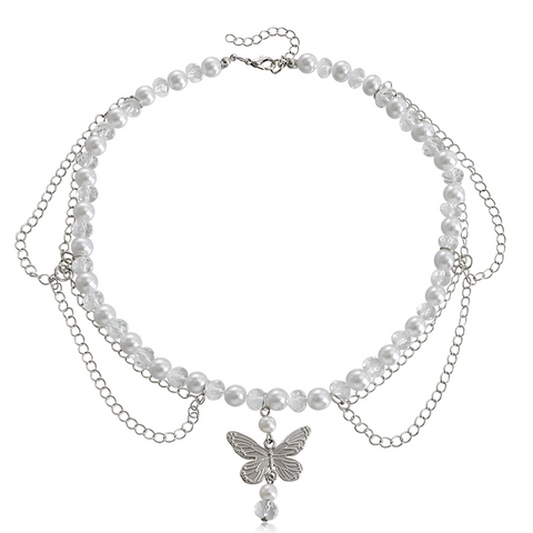 Niche Design Double-Layer Highlight Imitation Pearl Tassel Love Butterfly Cross Necklace Versatile - Jam Garden