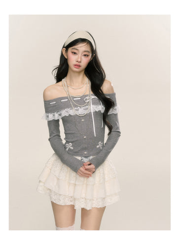 One-shoulder lace sweet spicy T-shirt