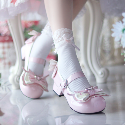 Original sweet and cute bowknot round head Lolita low heels