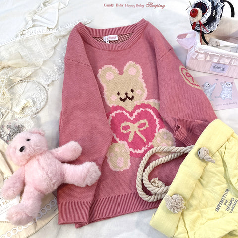 Cute Bear Heart Round Neck Long Sleeve Sweater