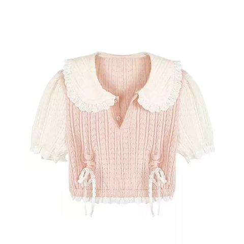 Japanese Short-Sleeved Sweater Summer Lace Doll Collar Cute Top Ballet Cake Skirt Two-Piece Set - Jam Garden