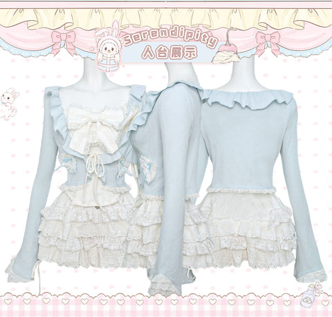 Serendipity Watercolor Bubble Autumn Milk Blue Knitted Cardigan + Bowknot Suspenders + White Cake Skirt