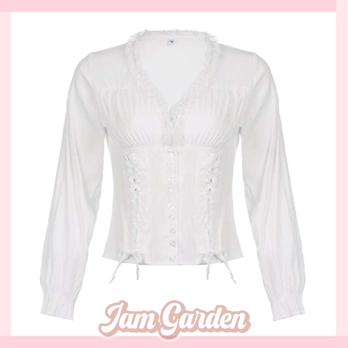 Bavarian Antique Lace Waist Strap Button-Down Shirt Retro All-Match Long-Sleeved Top - Jam Garden