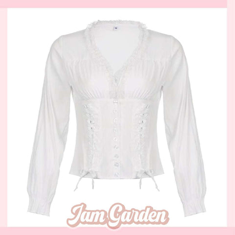 Bavarian Antique Lace Waist Strap Button-Down Shirt Retro All-Match Long-Sleeved Top - Jam Garden