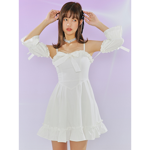 Bowknot Slimming Texture Party Two-Wear French White Sling Dress - Jam Garden