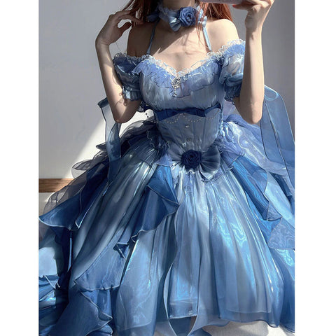 Blue Bow Lolita Long Dress - Jam Garden