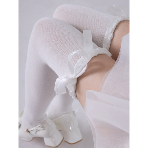 White Knee Socks Velvet Bow Lace High Socks Pure Lust Japanese Jk Thigh Socks - Jam Garden