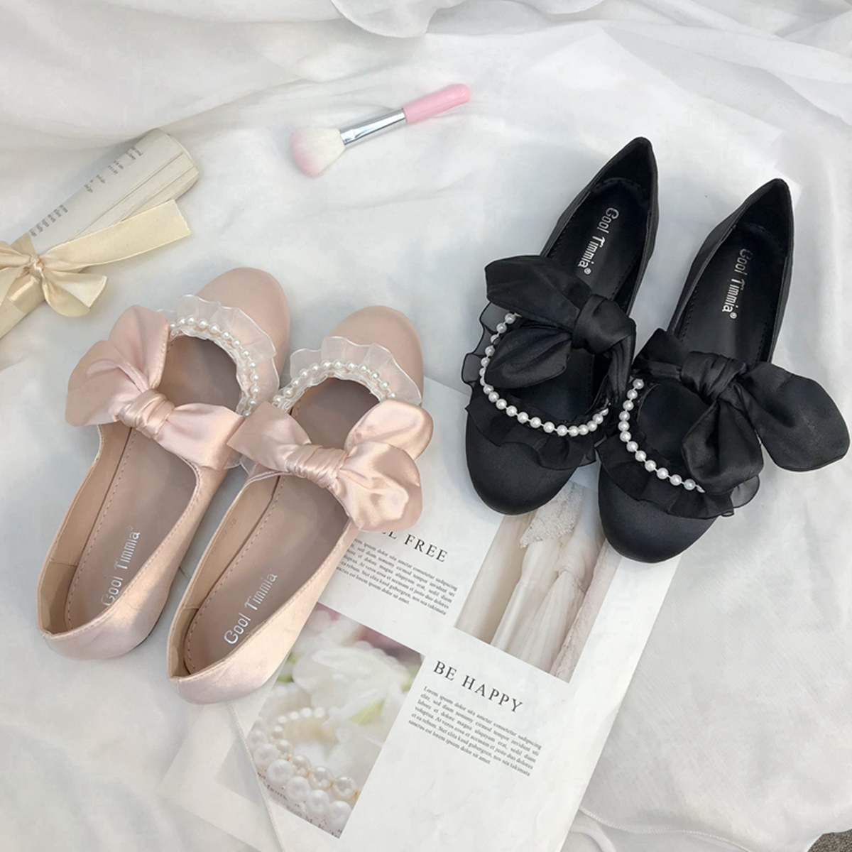 Princess Shoes Pearl Lace Bow Satin Flat Bottom Shallow Mouth Hanfu Ballet Shoes - Jam Garden