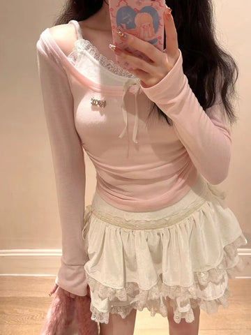 Strawberry Milk Fall Sweet Long Sleeve Lace Camisole 2 Piece Set