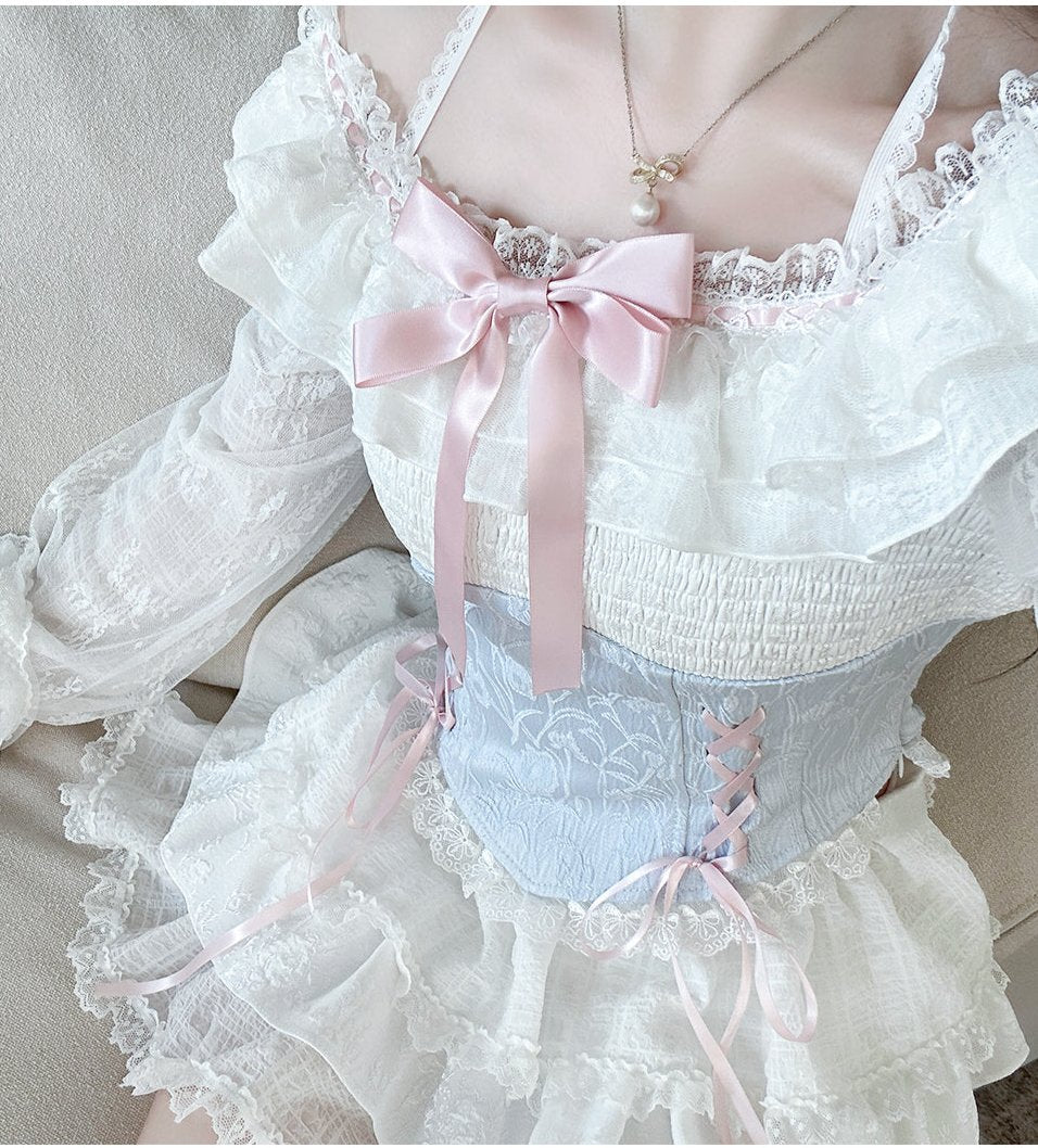 Sweet and pure princess style bow cake skirt suit