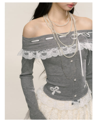 One-shoulder lace sweet spicy T-shirt