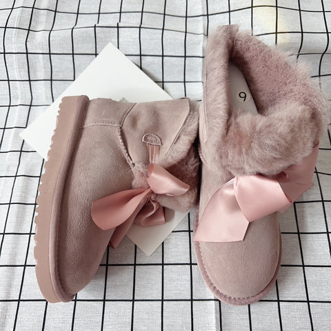 Sheepskin wool double ribbon bow snow boots