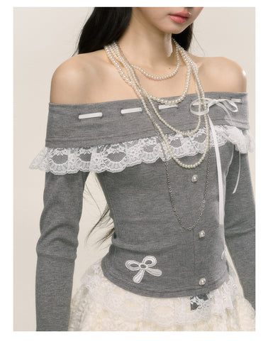 One-shoulder lace sweet spicy T-shirt