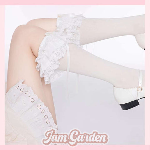 Lolita Big Lace Sweet Velvet Japanese Lace Multi-Layer Stockings White Silk Knee Socks - Jam Garden