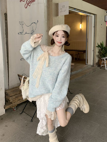 Fashionable lace bow patchwork suit