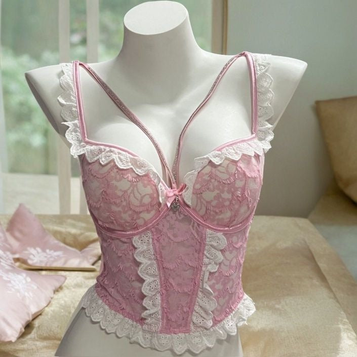 Pink lace suspender bra