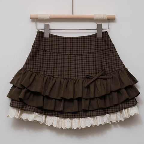 Brown Plaid Lace Cake Skirt