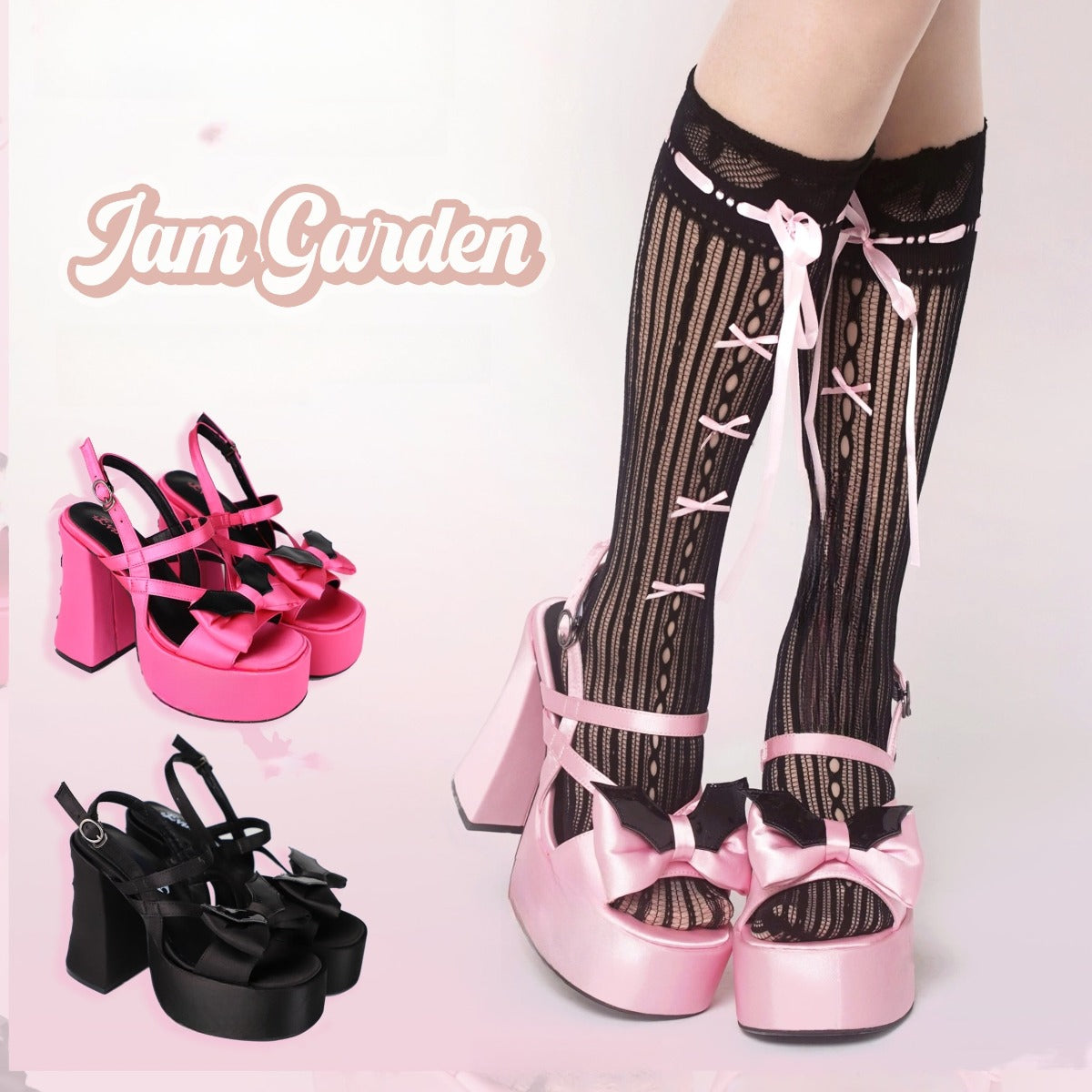 Satin Gothic Y2K Spice Girl Black Pink Thick-soled Sandals - Jam Garden