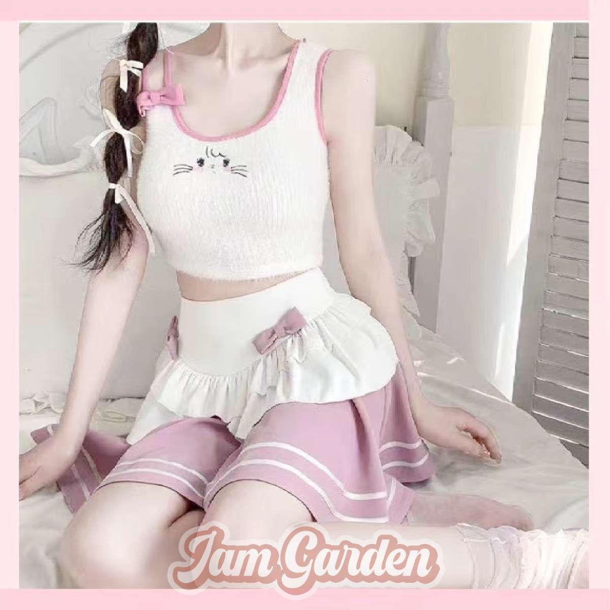Mikko Joint Cute Pink Rabbit Embroidered Short Vest Little Girls Suspenders - Jam Garden