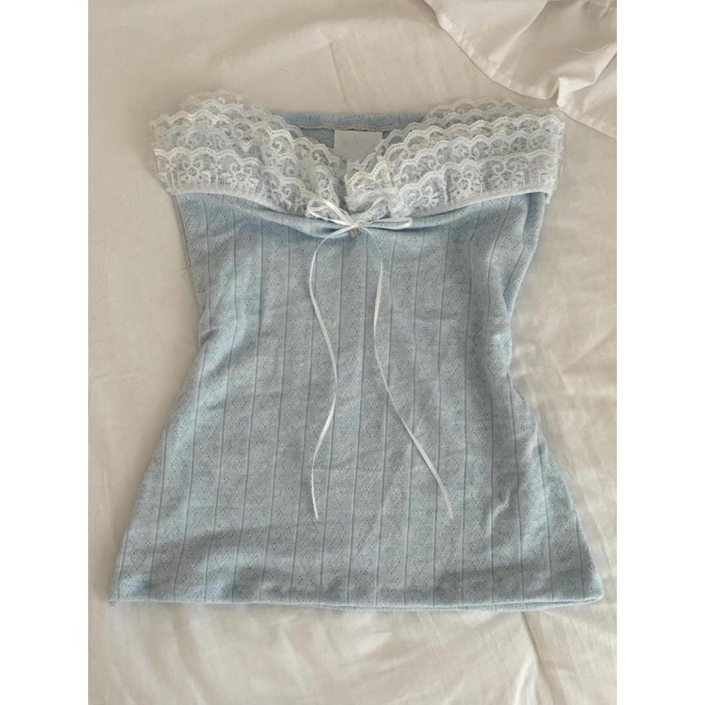 Original blue lace patchwork knitted tube top