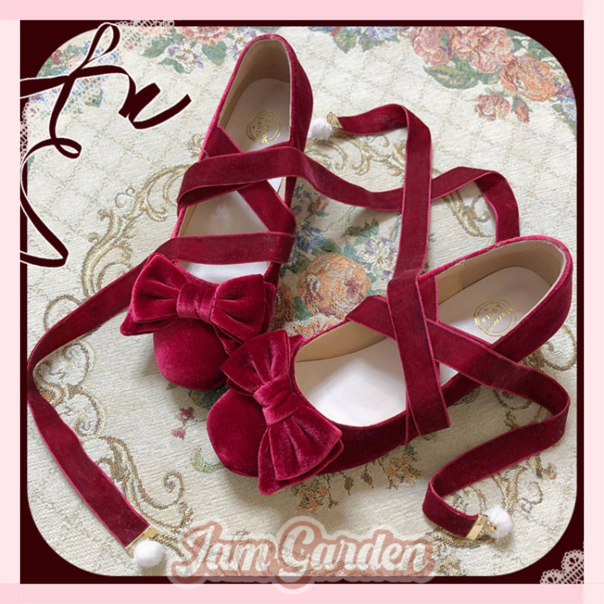 Lolita shoes velvet heart velvet bow strap elegant and cute