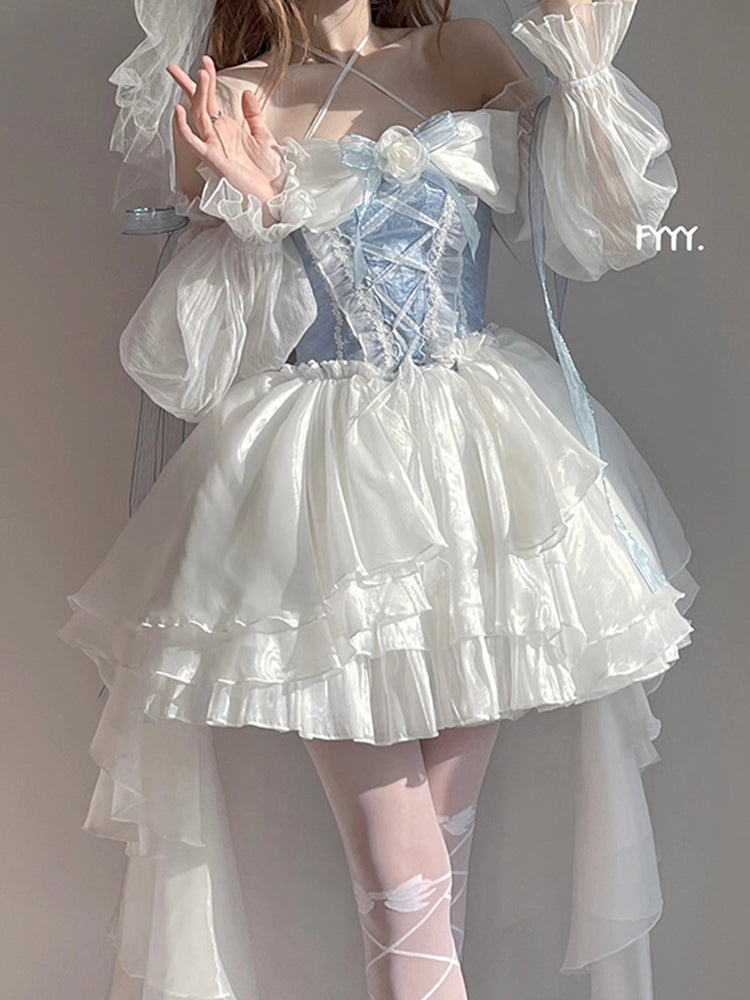 Blue Lolita Dress Flower Wedding Tail Princess Dress - Jam Garden