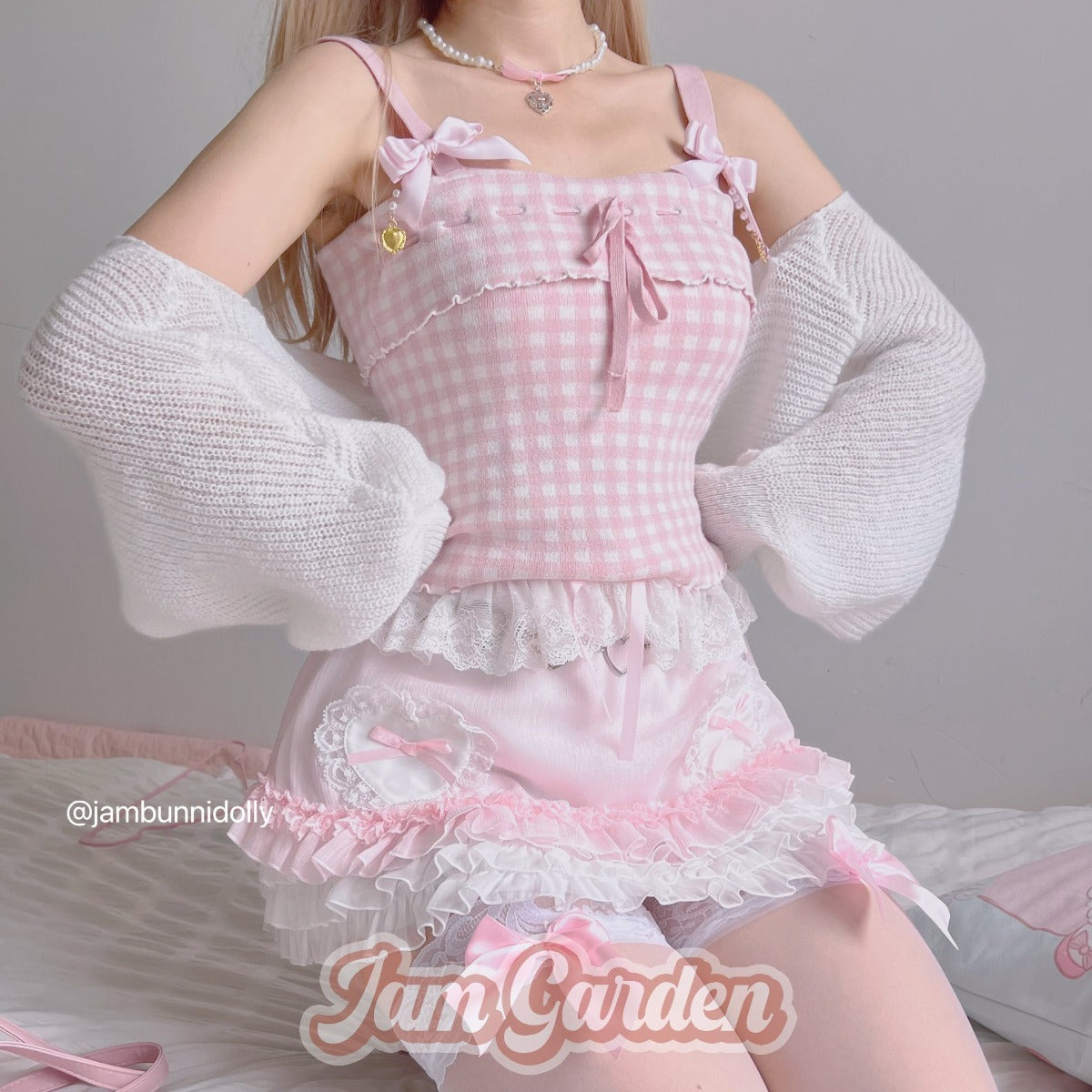 Pink and Blue Plaid Lace Bow Knit Camisole - Jam Garden