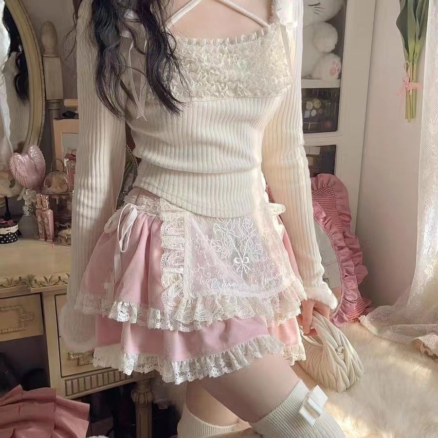 Winter Romantic Lace Lace Cake Skirt Knit Top 2 Piece Set