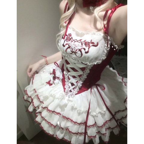 Lolita sweet girly lace stitching contrasting color waist bow puffy suspender dress