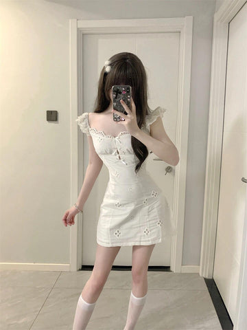 Girls' new white lace print dress