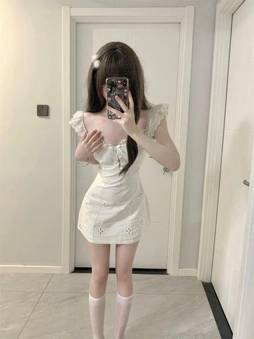 Girls' new white lace print dress