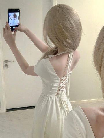 Elegant long white dress with white straps