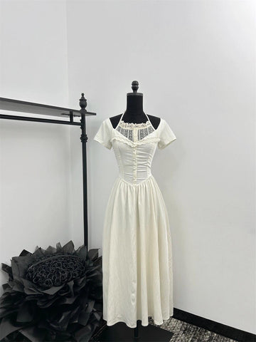 Elegant long white dress with white straps