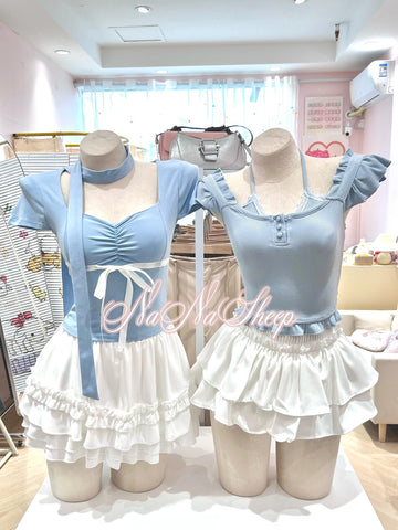 Denim Blue Pink Floral Dress Set Collection Physical Store Clearance