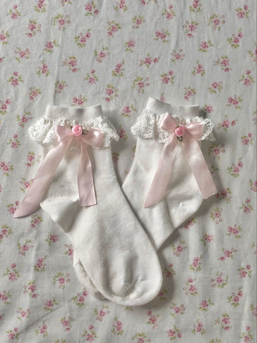 Cute pink lolita lace bow dollette socks