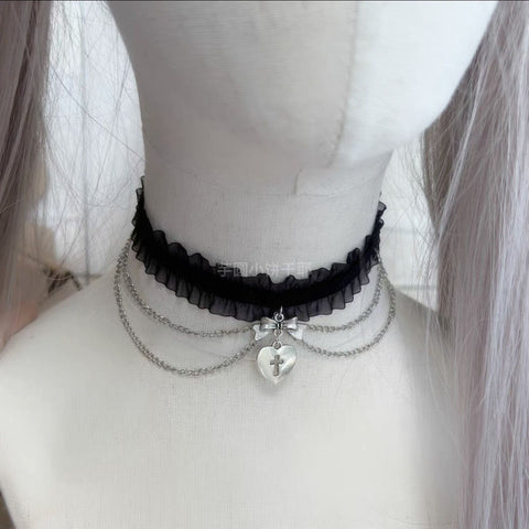 Japanese gothic lace rhinestone chain choker necklace