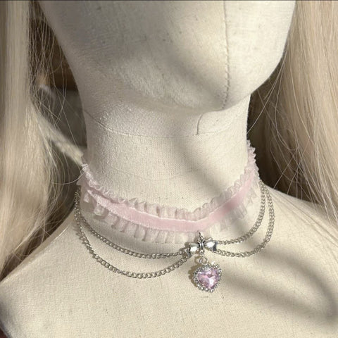 Japanese gothic lace rhinestone chain choker necklace