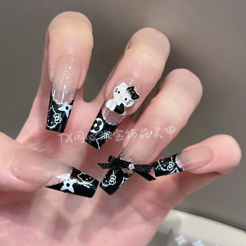 Sweet cool hot girl black French kitty bow manicure