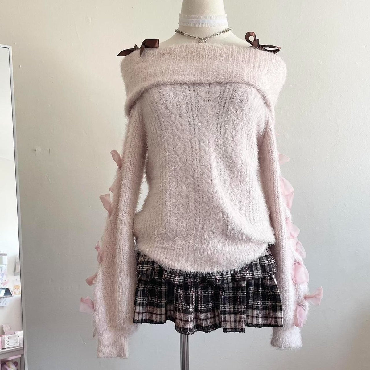 Pink Bow Off Shoulder Sweater