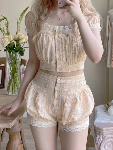 Sweet floral short sleeve pajamas for women summer