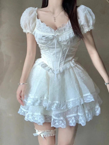 Summer forest style palace style lace puff sleeve short dress