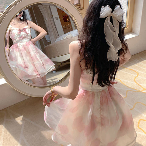 Summer French sweet super fairy bow suspender skirt with diamonds