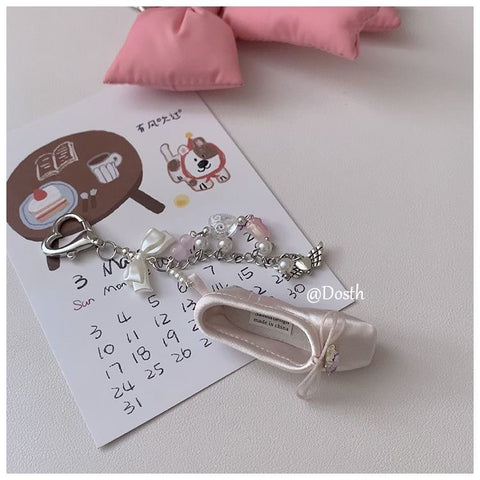 Cute girly heart ballet style crystal pearl flower bow key chain