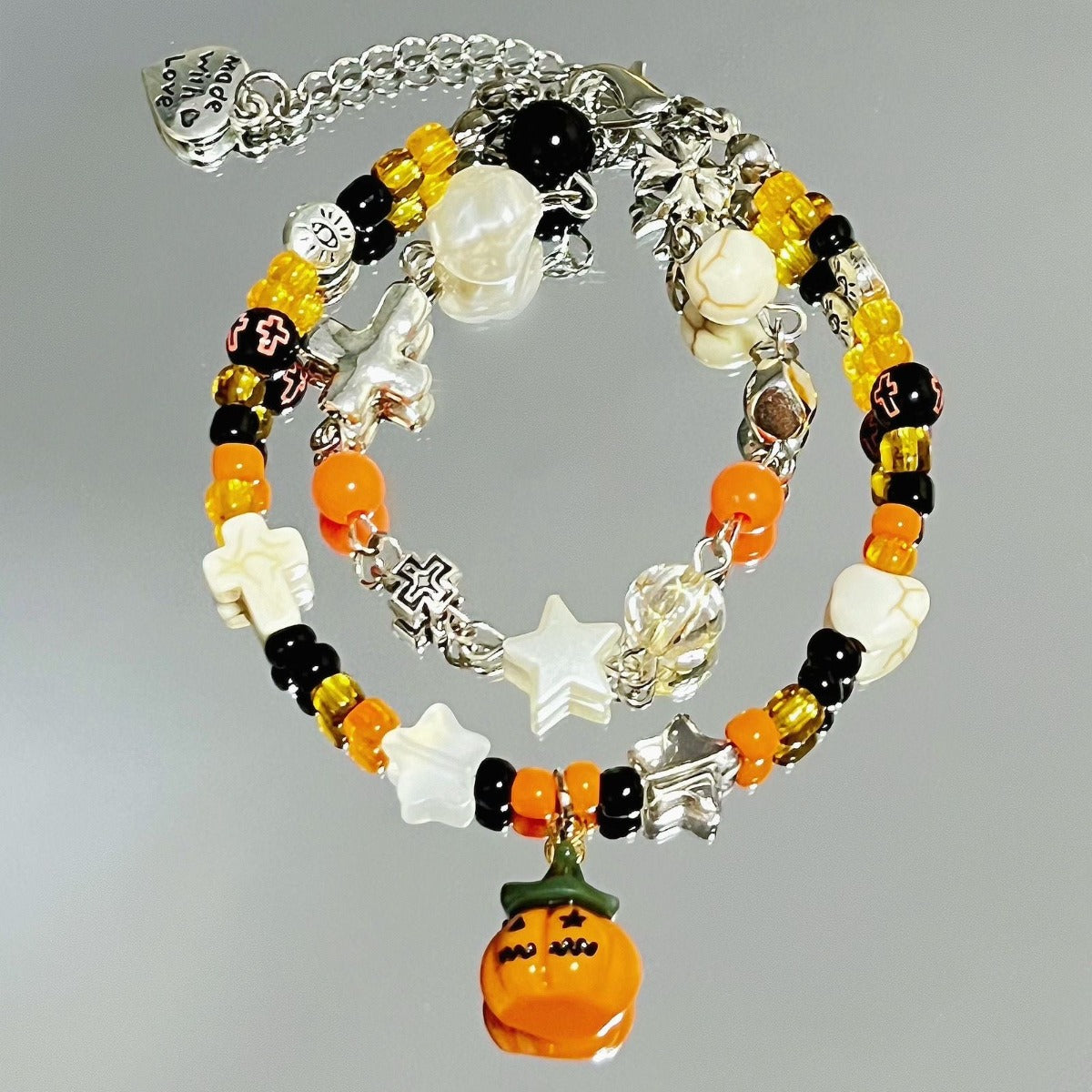Halloween Pumpkin Ghost Pendant Beaded Bracelet Multi-Layered
