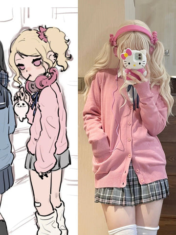 Multicolor Uniform Cardigan Jacket + Cute Harajuku Style Skirt