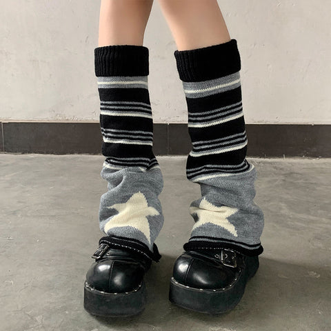 Black And Gray Striped Star Socks For Women