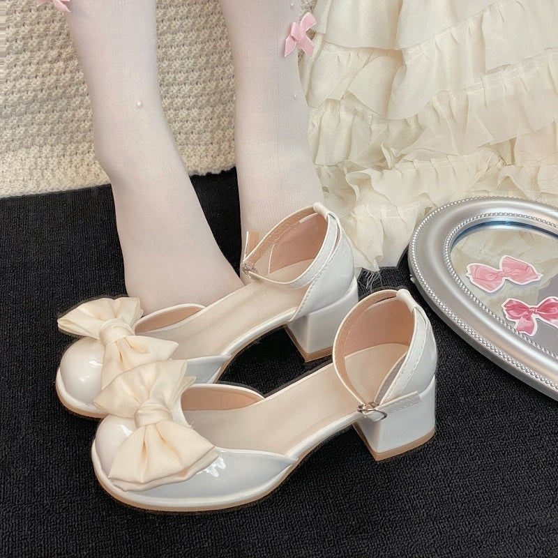 [Milk Spilled] Sweet Bow Knot Thick Heel Mary Jane Shoes - Jam Garden