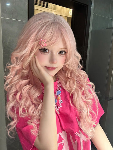 Wig Long Hair Fashion New Pink Wool Roll Cute Fluffy Natural Long Curly Hair Natural Invisible - Jam Garden