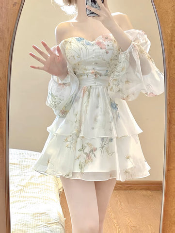 French High-End Long-Sleeved Floral Dress